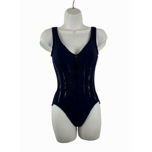 Karla Colletto Navy Blue & Black One Piece Zip Bathing Suit Women's Size 6